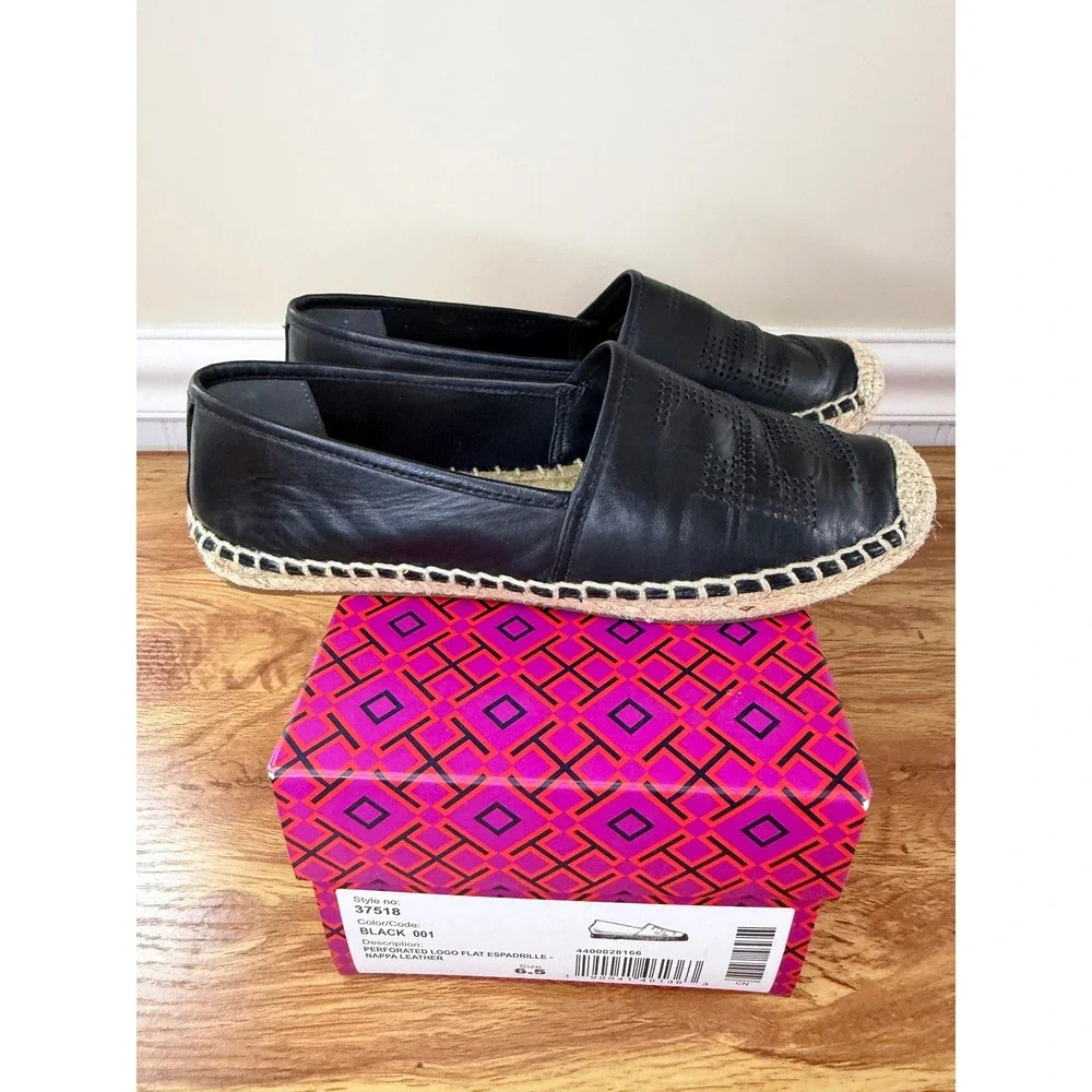 Tory Burch Black Perforated Logo Nappa Leather Espadrille Flats Size 6.5